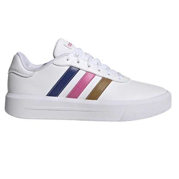 adidas Shoes - Adidas Women's White Sneakers with Pink, Blue, and Gold Stripes